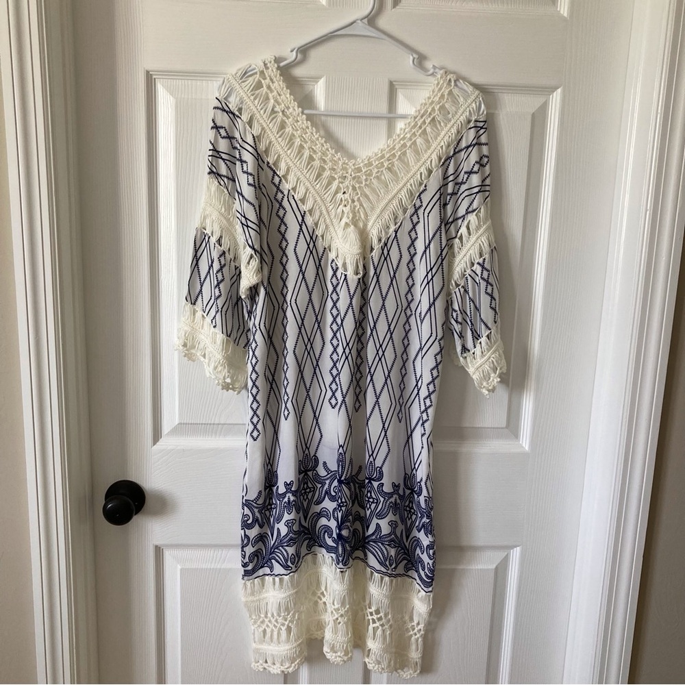 Amiani Resort Fashion Boho Crochet Trim Dress-Cover Up One Size Blue White
